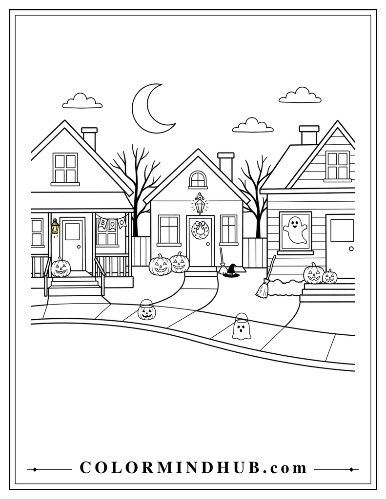 Black and white Halloween neighborhood street with decorated houses, pumpkins, and a crescent moon coloring page