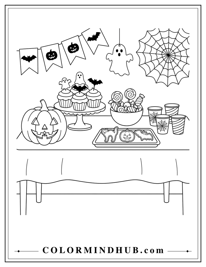 Simple black and white Halloween party table with cupcakes, cookies, candy, and a carved pumpkin