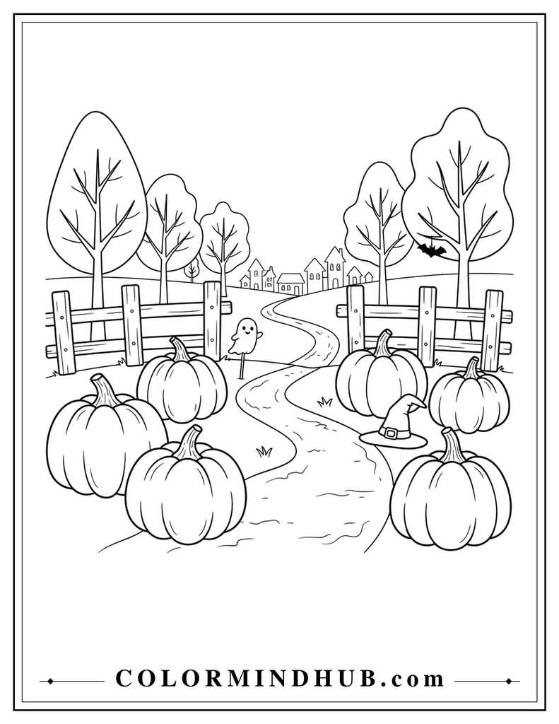 Printable Halloween pumpkin patch with large pumpkins, a winding path, and a wooden fence