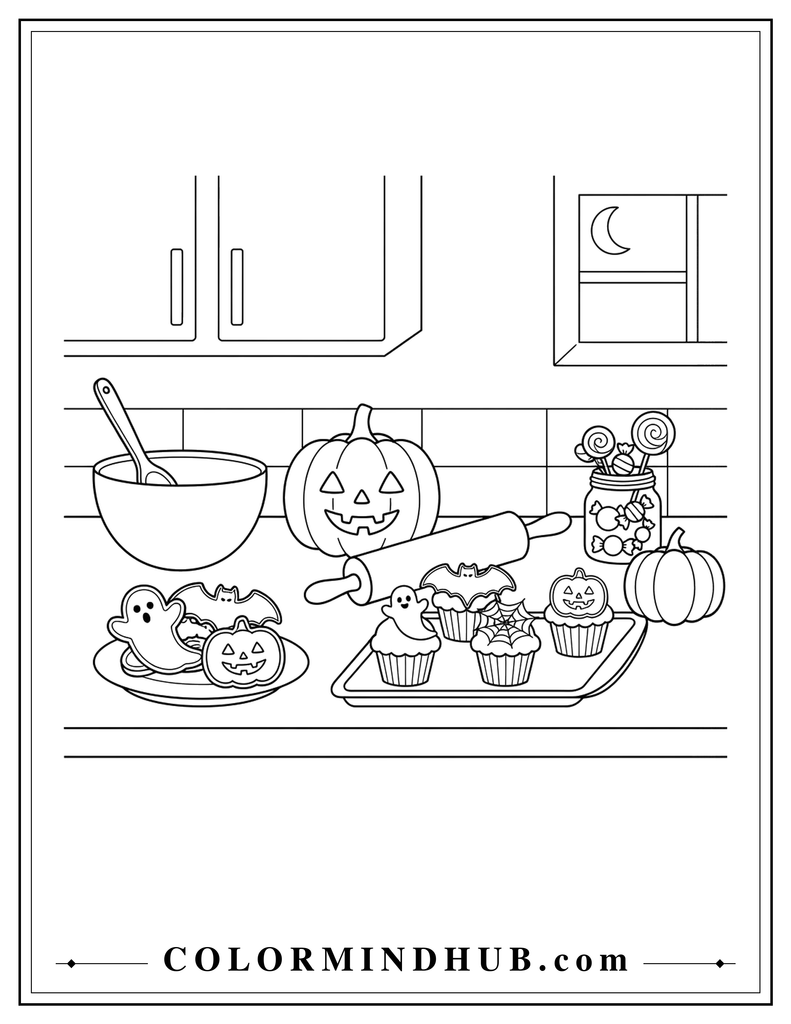 Printable black and white Halloween baking scene with cookies, cupcakes, mixing bowl, and baking tools