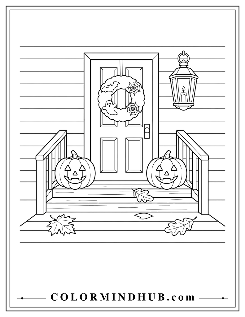 Simple black and white Halloween front porch with a decorated door, wreath, lantern, and pumpkins