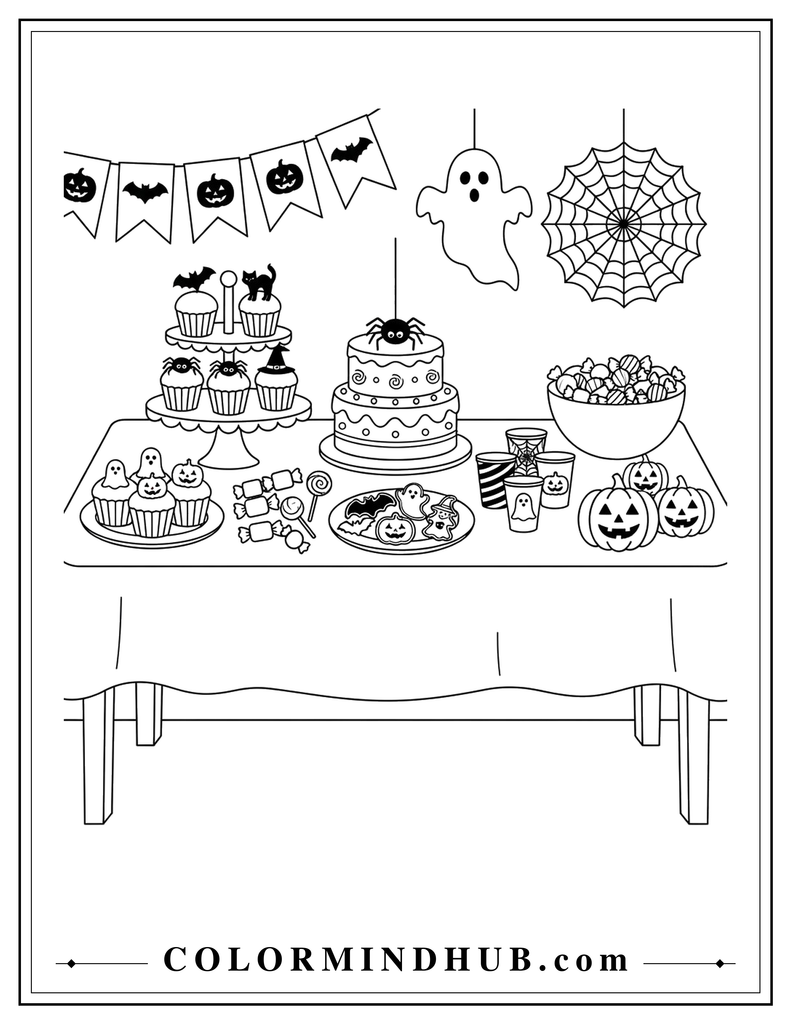 Black and white Halloween treat table filled with cupcakes, cake, cookies, and candy