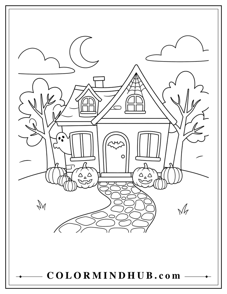 Black and white Halloween haunted house with a crooked roof, pumpkins, and a stone path