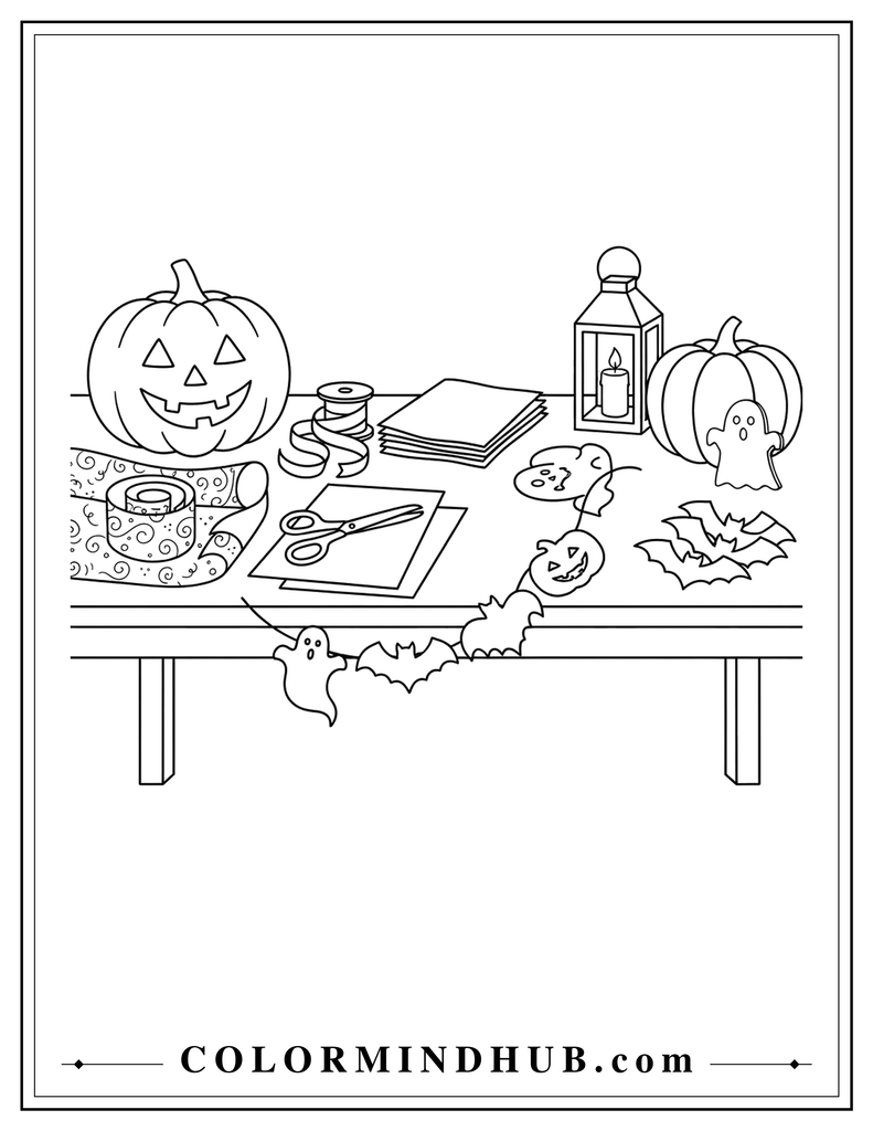 Simple black and white Halloween craft workshop table with paper garlands, pumpkins, and decoration supplies