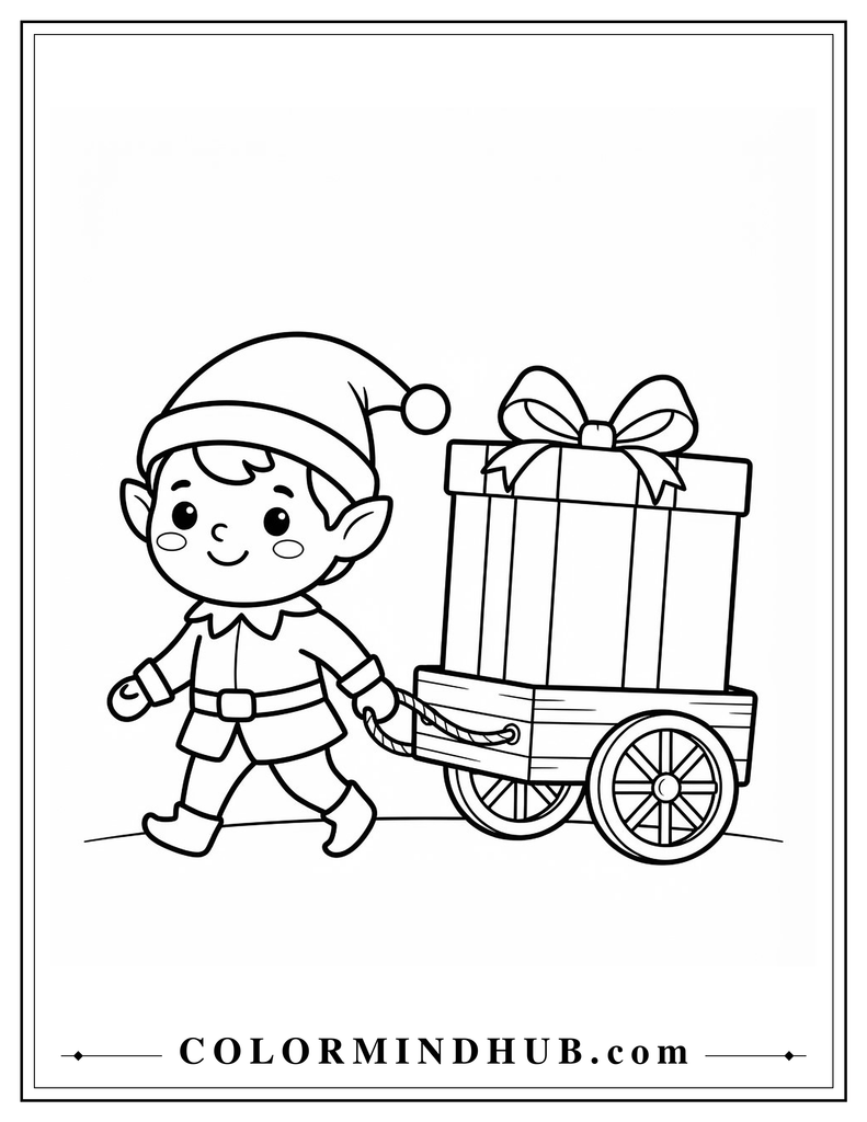 Child in a Santa hat pulling a wagon filled with a wrapped Christmas gift - Cute Christmas coloring page
