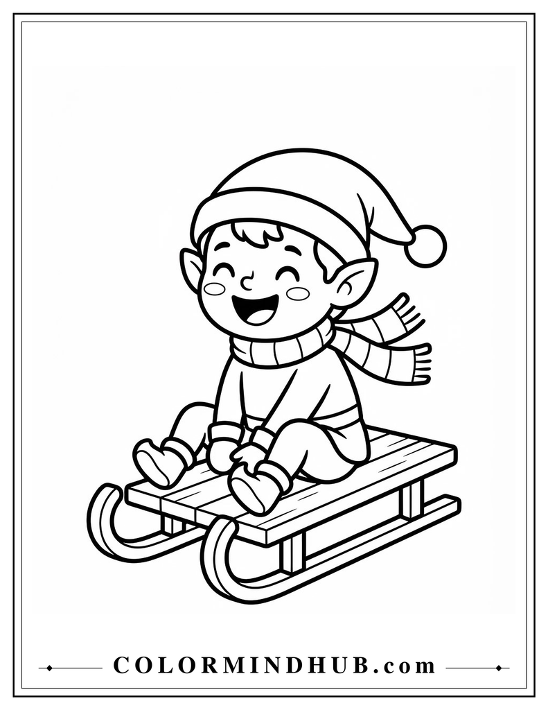 Cheerful elf wearing a Santa hat and riding a Christmas sled - Cute Christmas coloring page
