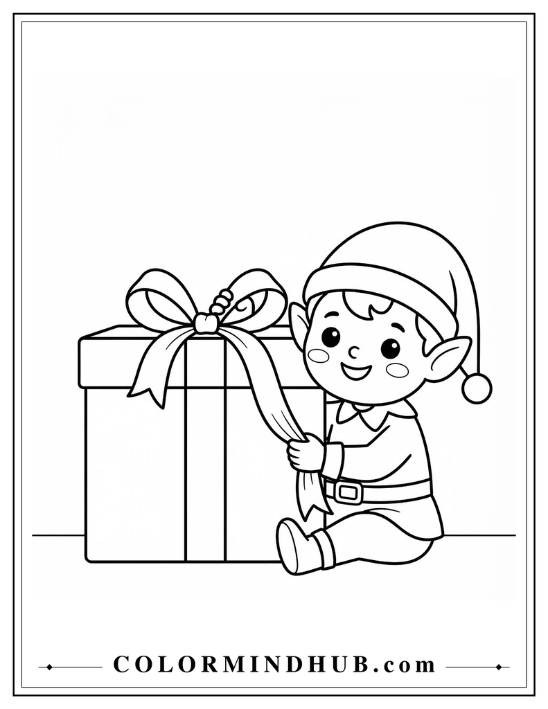 Child in a Santa hat sitting beside a large wrapped Christmas gift - Cute Christmas coloring page