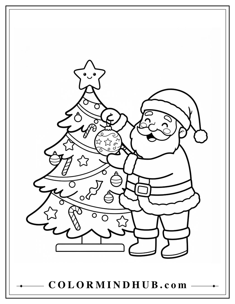 Santa Claus decorating a Christmas tree with ornaments - Cute Christmas coloring page