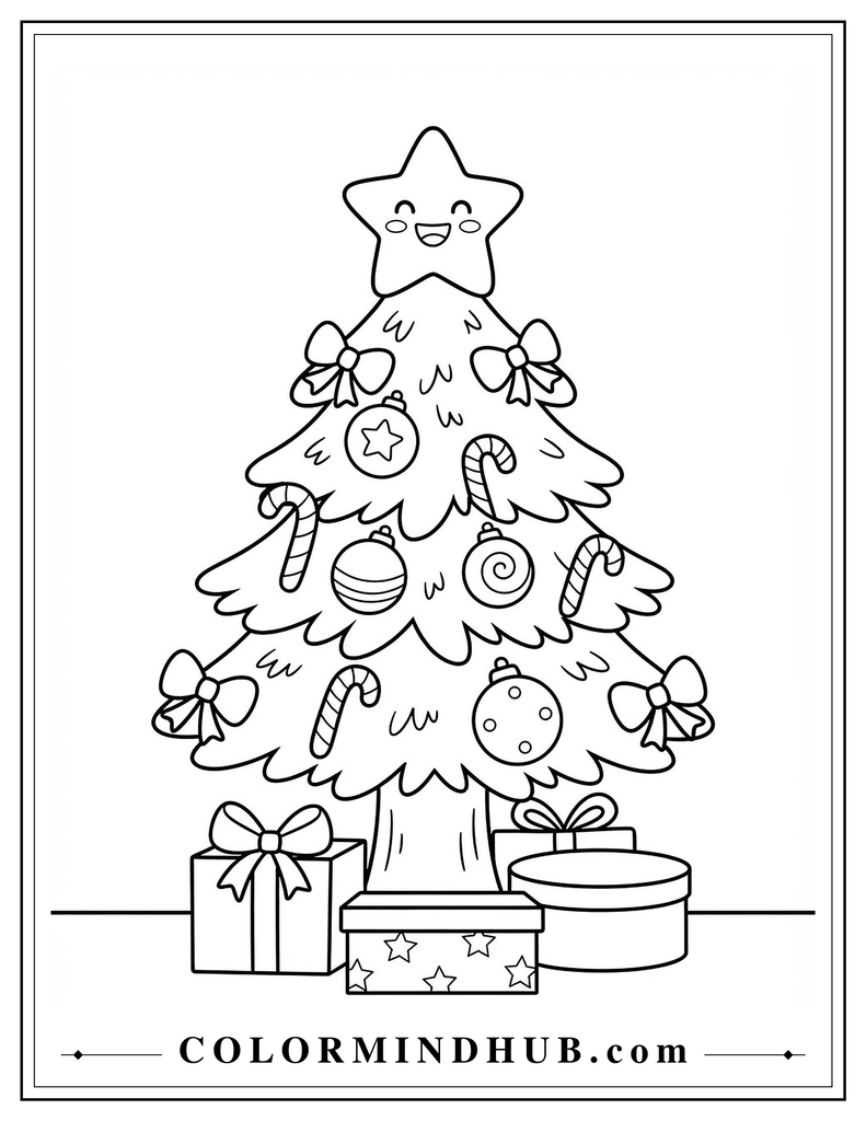 decorated Christmas tree with wrapped gifts - Cute Christmas coloring page