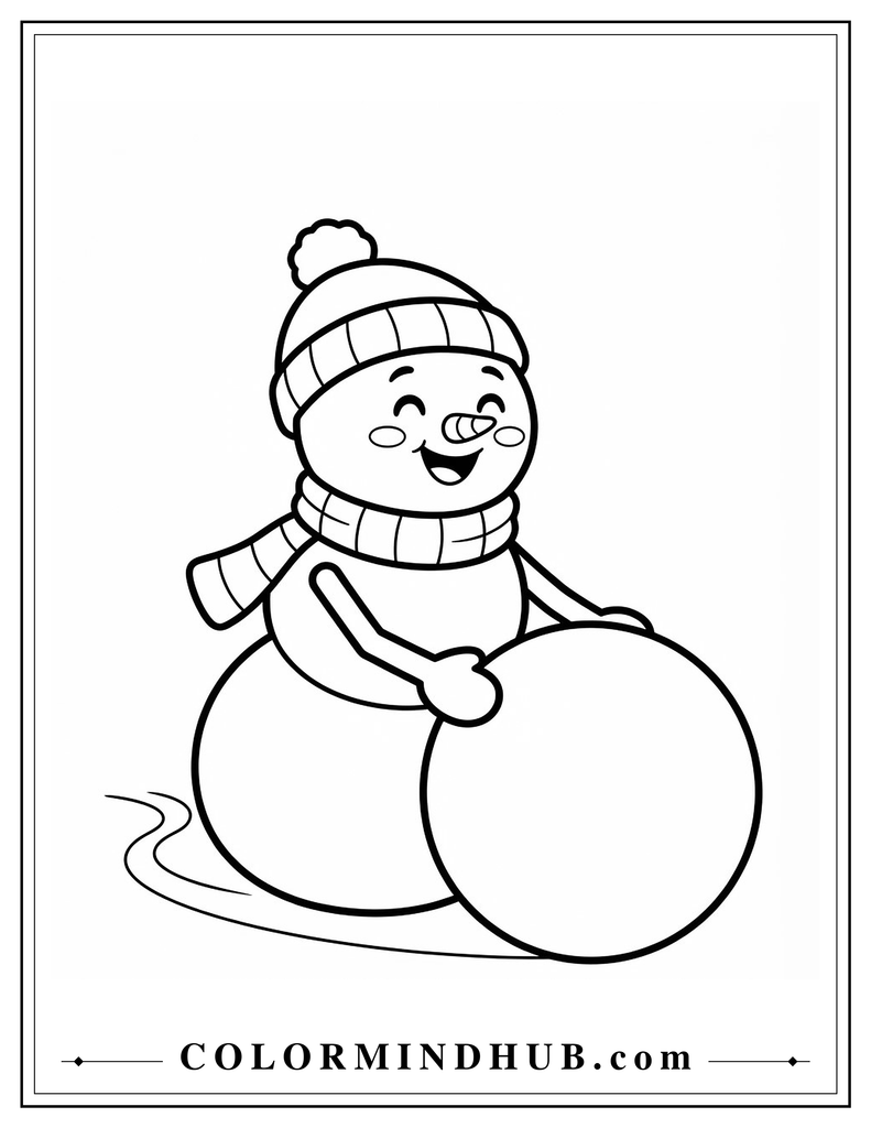 Cute snowman character standing beside large snowballs - Cute Christmas coloring page