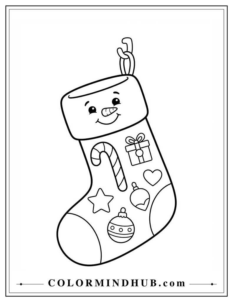 Decorated Christmas stocking with stars and Christmas ornaments - Cute Christmas coloring page