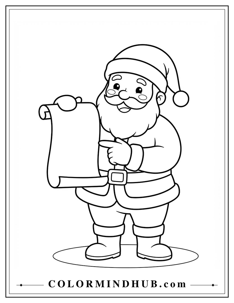 Santa Claus reading a Christmas list - Cute Christmas coloring page