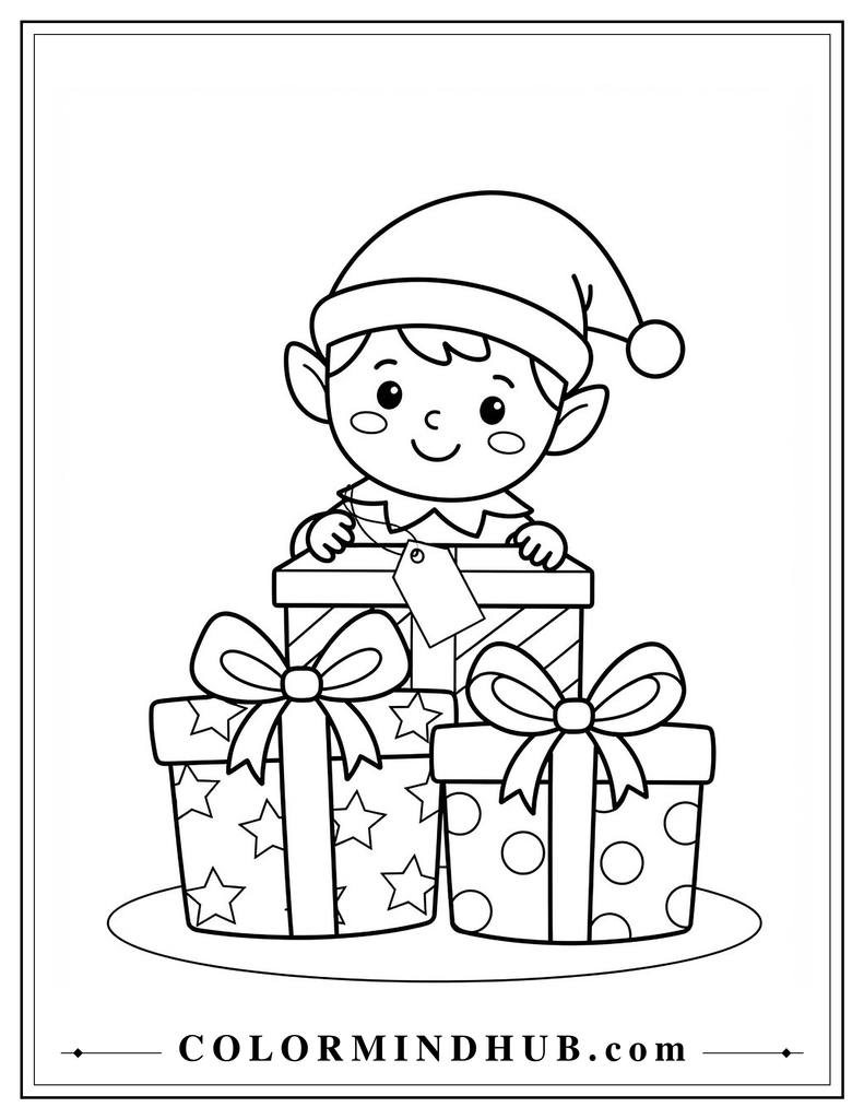 Child in a Santa hat standing beside several wrapped Christmas presents - Cute Christmas coloring page