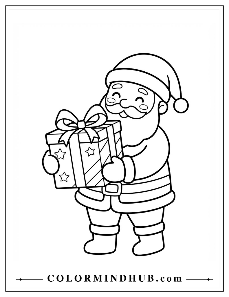 Santa Claus holding a wrapped Christmas gift - Cute Christmas coloring page