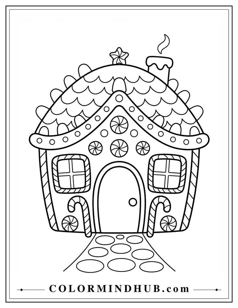 Decorated gingerbread house with snow and Christmas decorations - Cute Christmas coloring page