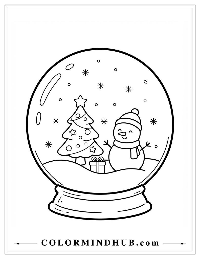Snow globe with a Christmas tree and snowman inside - Cute Christmas coloring page