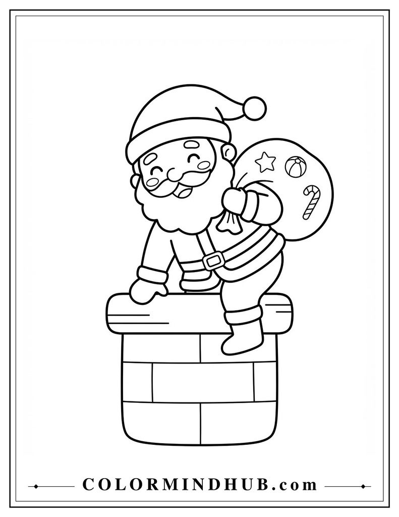Santa Claus climbing out of a chimney while carrying his Christmas sack - Cute Christmas coloring page