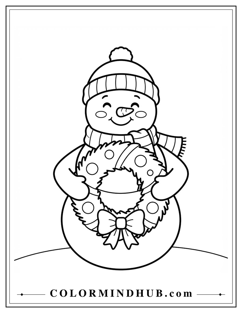Santa Claus holding a decorated Christmas wreath - Cute Christmas coloring page