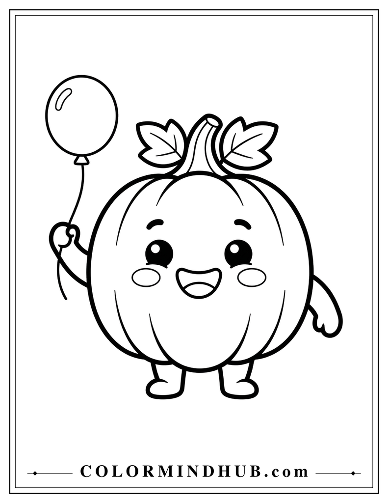 Happy pumpkin holding a balloon - pumpkin coloring page