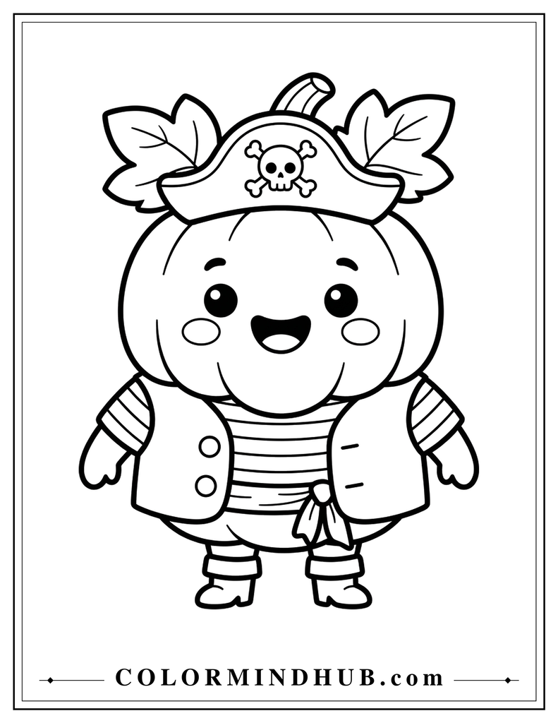 Cute pumpkin dressed as a friendly pirate - pumpkin coloring page