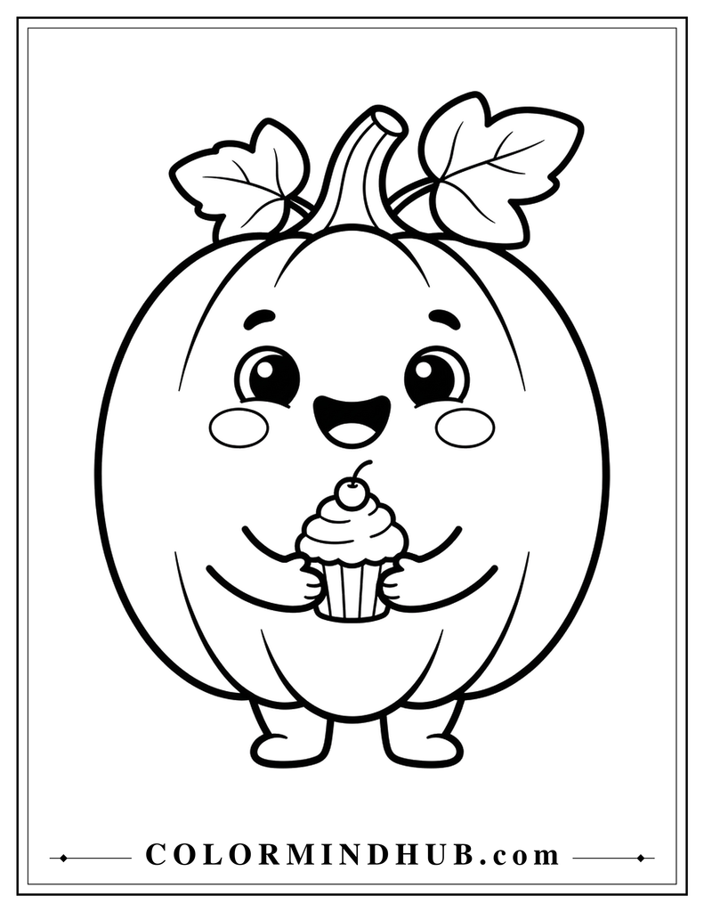Smiling pumpkin holding a cupcake - pumpkin coloring page