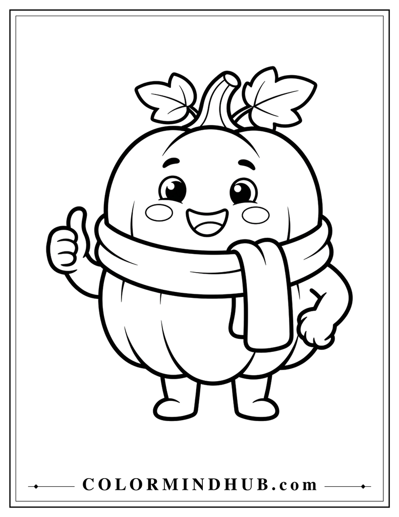 Smiling pumpkin wearing a scarf - pumpkin coloring page