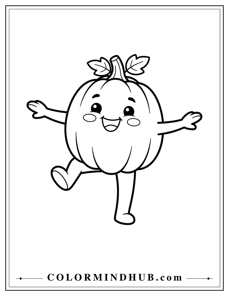 Smiling pumpkin dancing on one leg - pumpkin coloring page