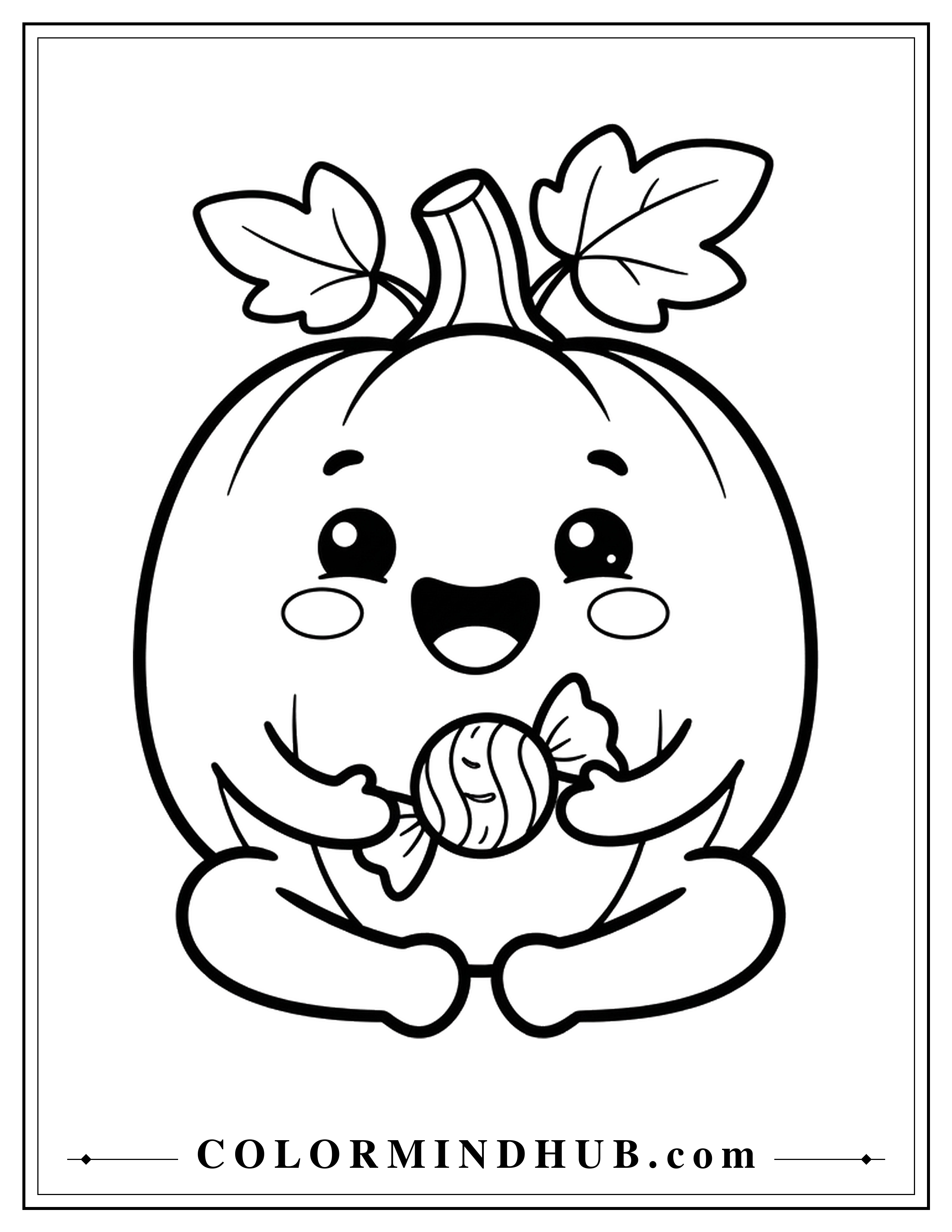 Smiling pumpkin holding wrapped candy - pumpkin coloring page