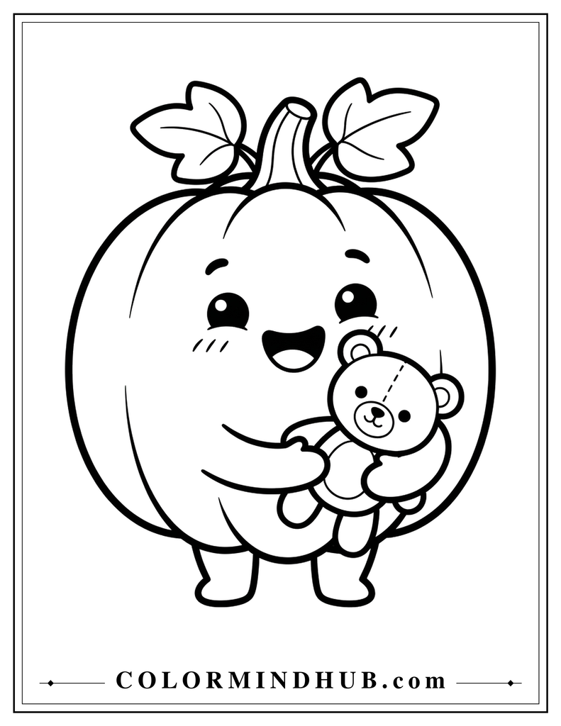 Smiling pumpkin hugging a small teddy bear - pumpkin coloring page