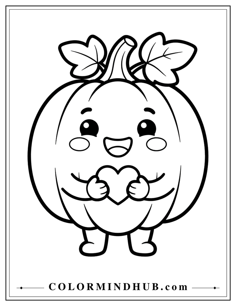 Happy pumpkin holding a heart - pumpkin coloring page