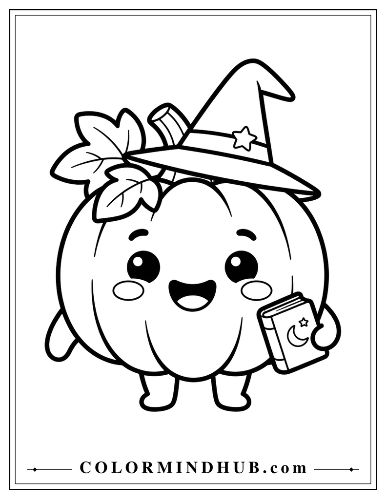 Smiling pumpkin wearing a witch hat and holding a small book - pumpkin coloring page