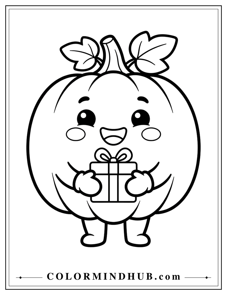 Happy pumpkin holding a wrapped gift - pumpkin coloring page