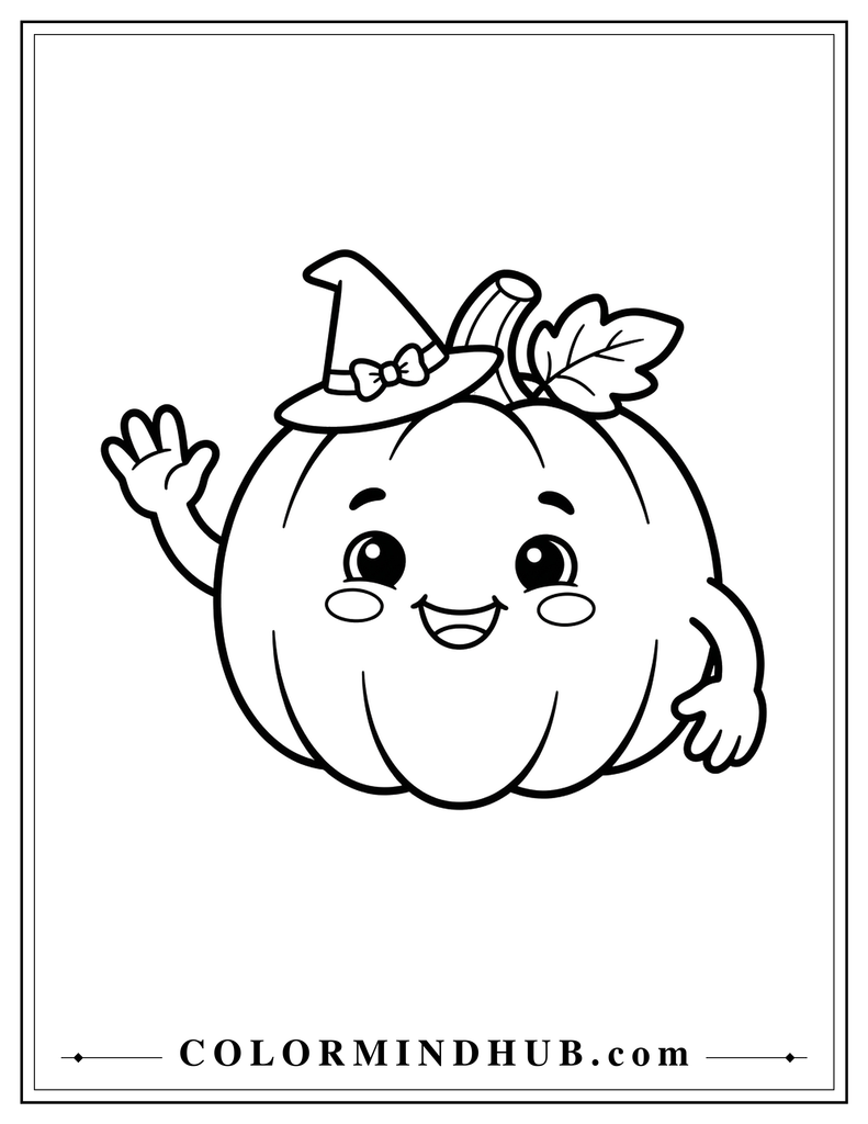 Smiling pumpkin wearing a witch hat and waving - pumpkin coloring page