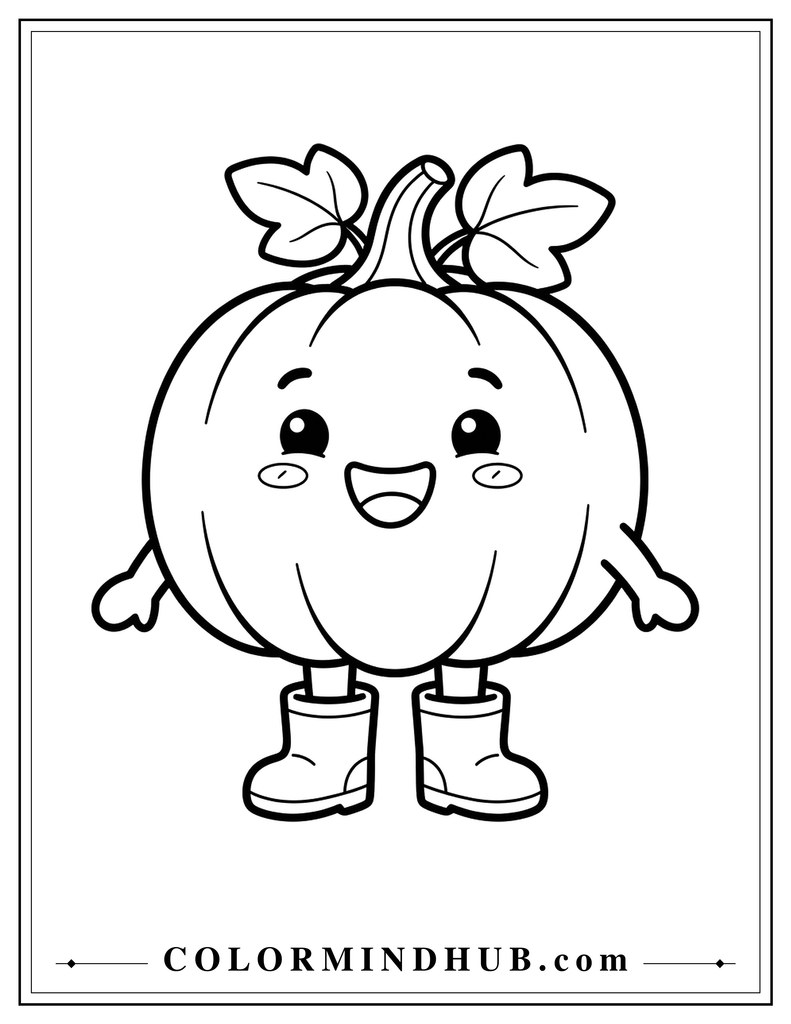 Smiling pumpkin character wearing boots - pumpkin coloring page