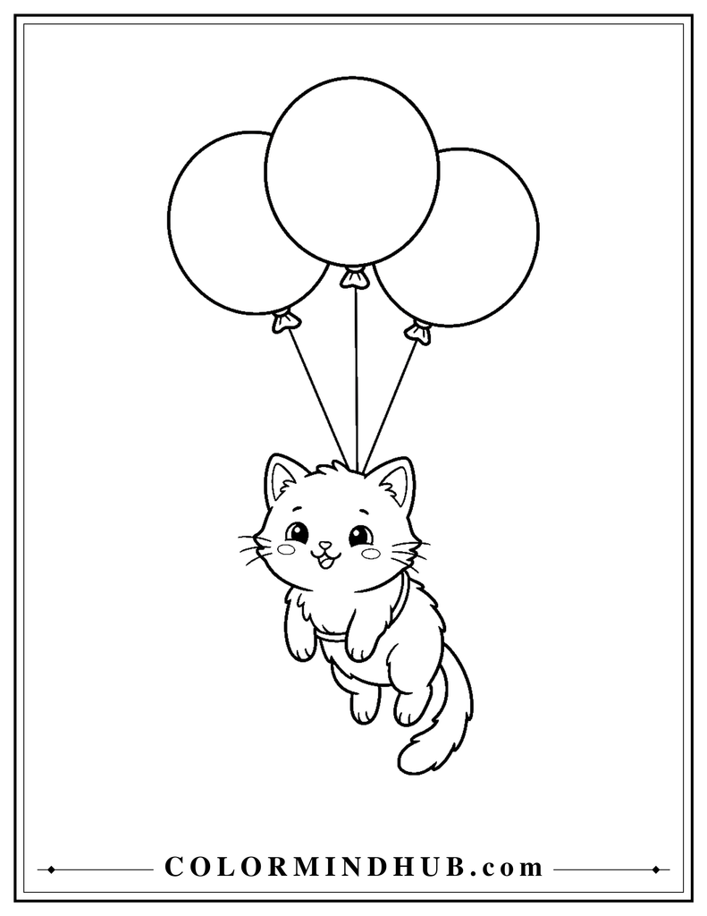 Kawaii cat holding balloons coloring page