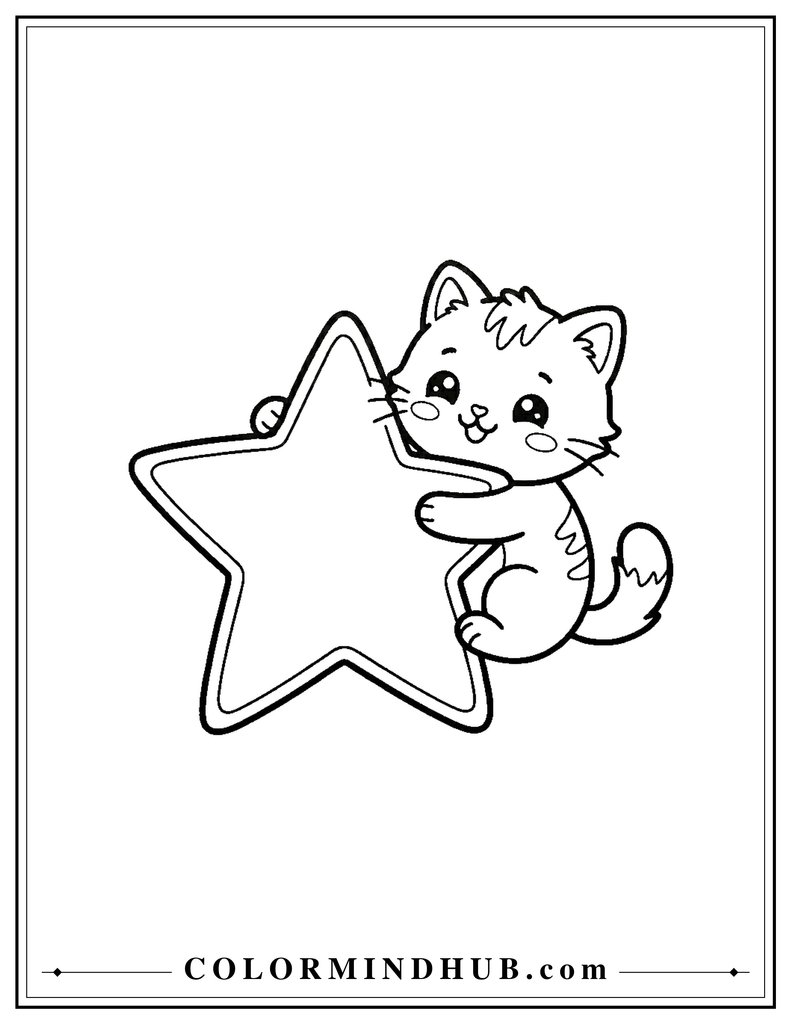 Kawaii cat hugging a star coloring page