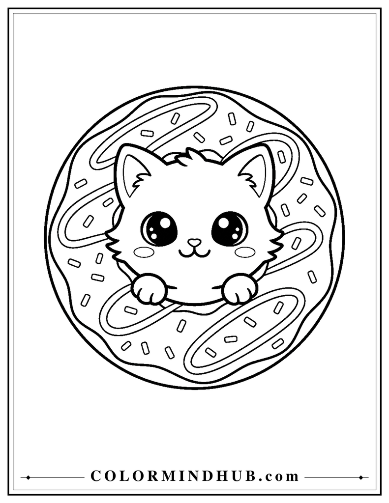 Kawaii cat sitting inside a donut coloring page