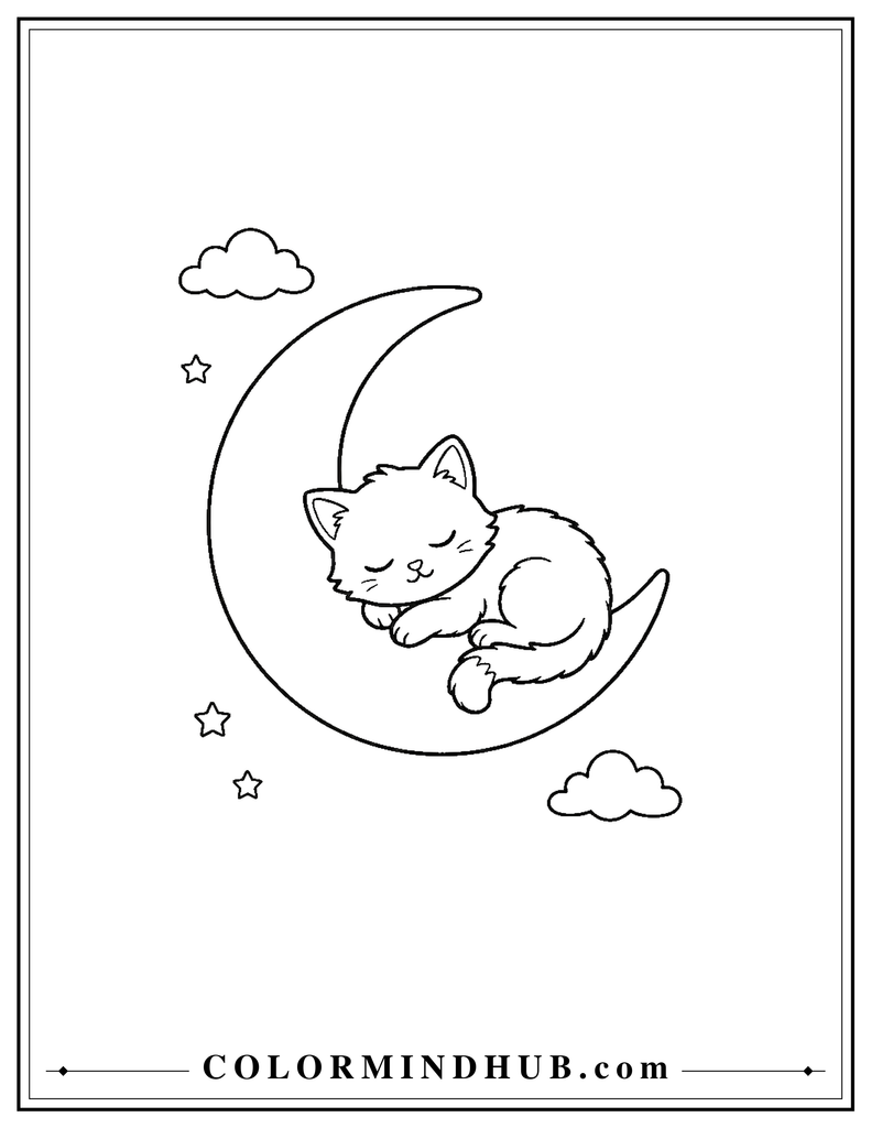 Sleeping kawaii cat resting on a crescent moon coloring page