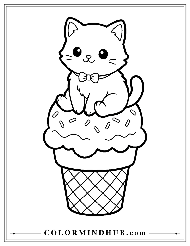 Kawaii cat sitting on an ice cream cone coloring page