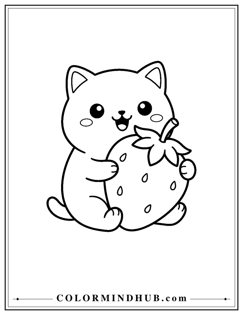 Kawaii cat holding a strawberry coloring page
