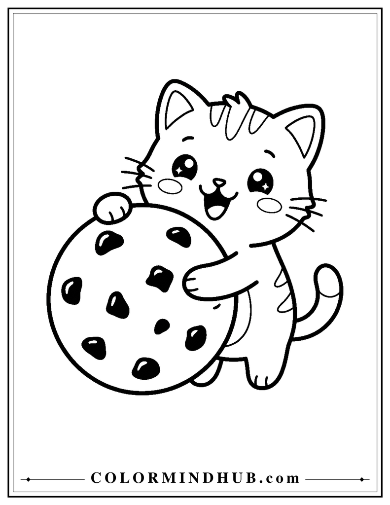 Kawaii cat holding a cookie coloring page