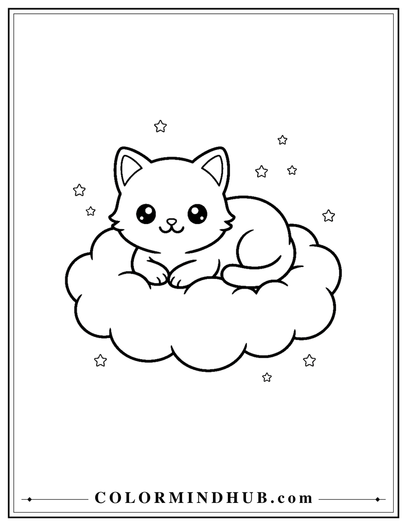 Sleeping kawaii cat relaxing on a fluffy cloud coloring page