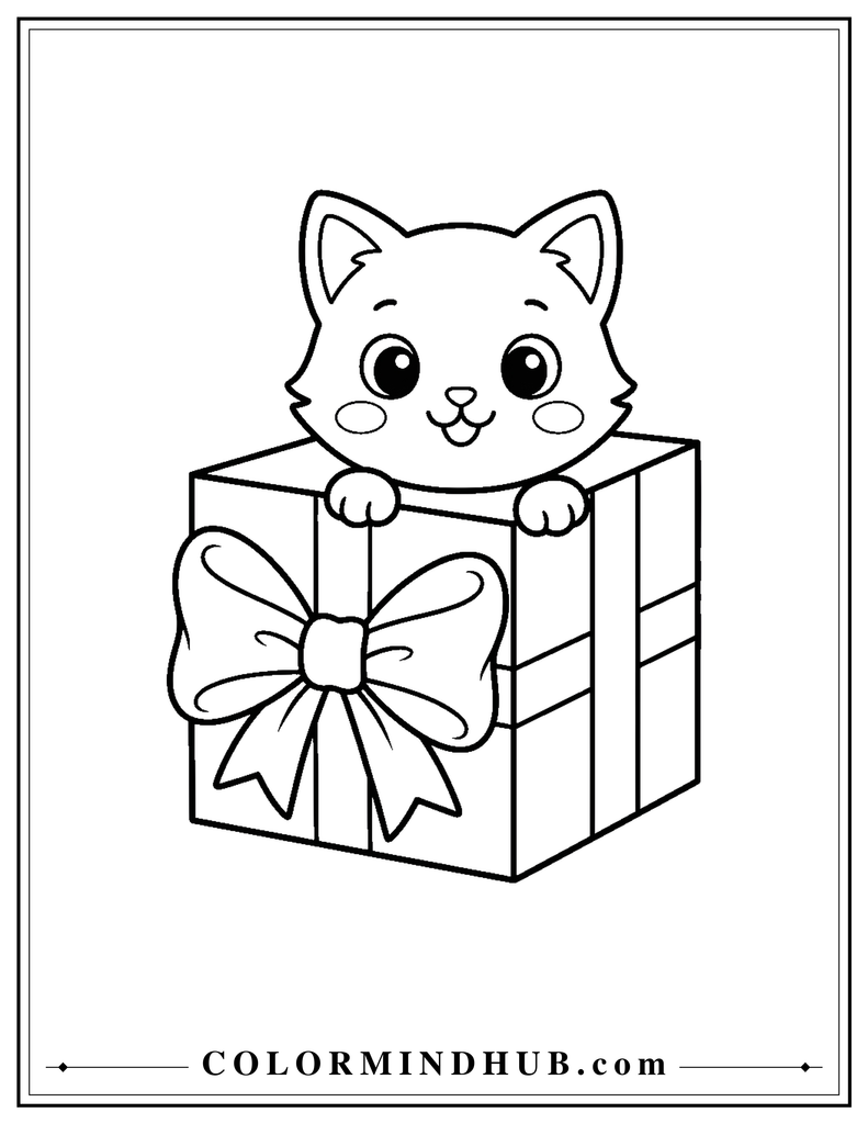 Kawaii cat popping out of a gift box coloring page
