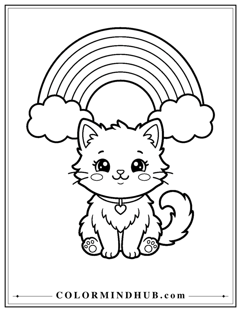 Kawaii cat smiling under a rainbow coloring page