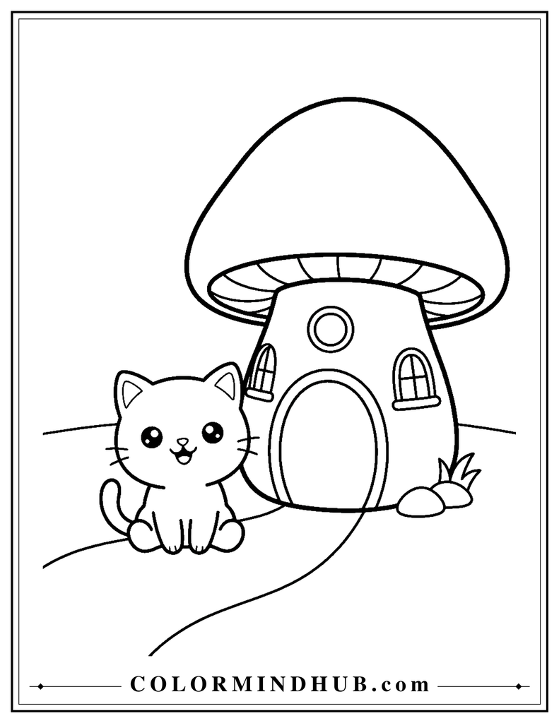 Kawaii cat standing beside a mushroom house coloring page