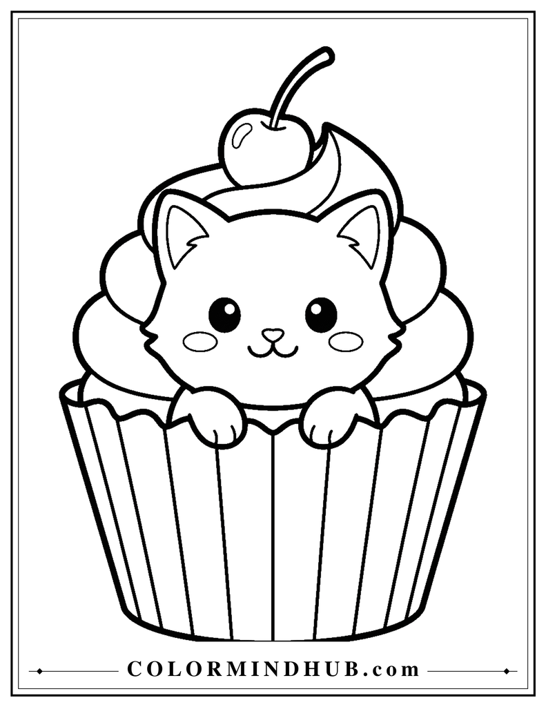 Kawaii cat sitting inside a cupcake coloring page