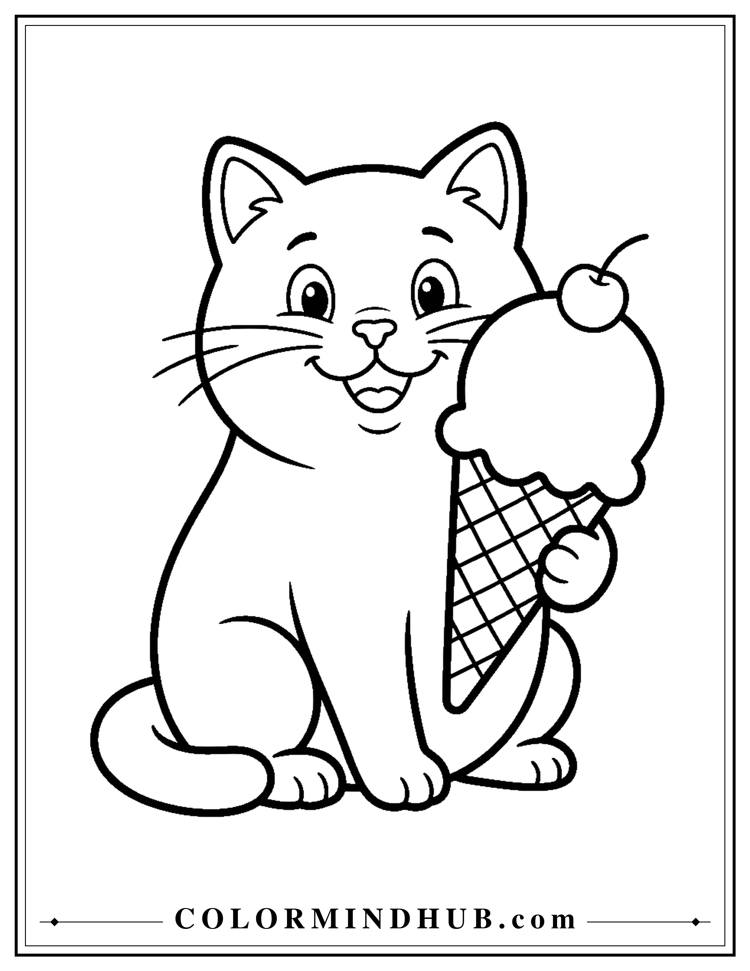 Easy cat holding an ice cream coloring page for kids