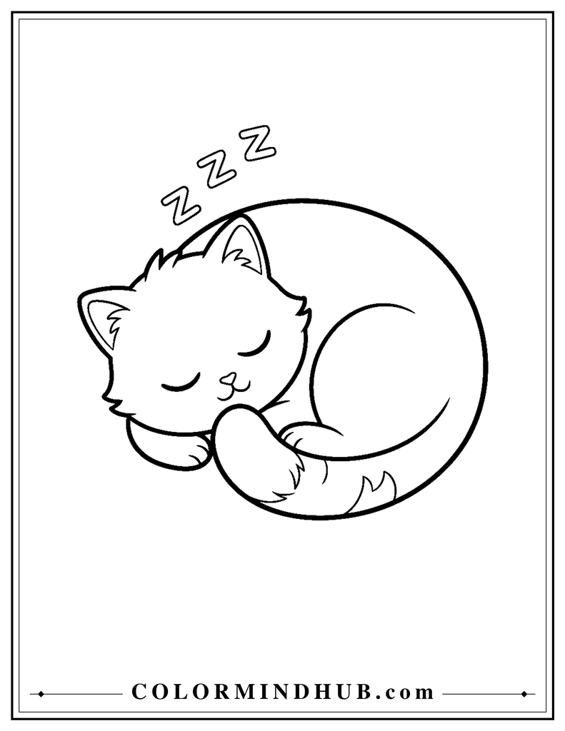 Easy sleeping cat coloring page with a cute relaxed pose