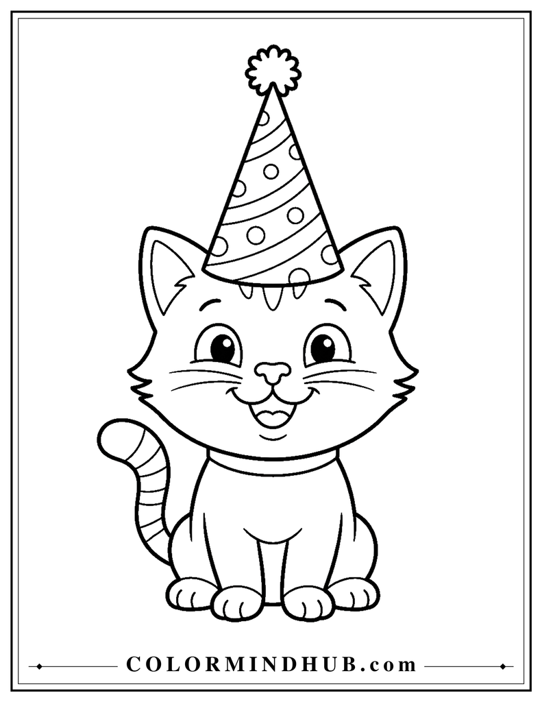 Easy cat wearing a party hat coloring page for kids