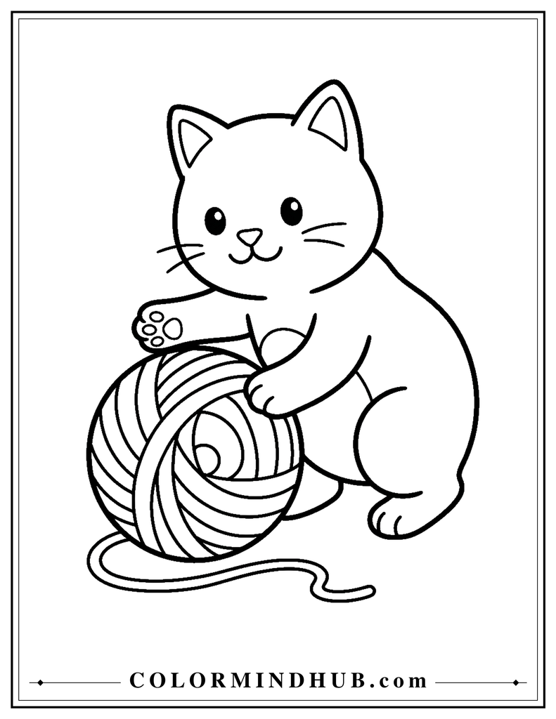Easy cat playing with a ball of yarn coloring page